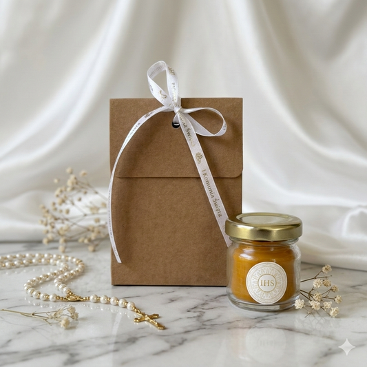 Podziękowania dla Gości – Mini Świeczka z wosku pszczelego Komunia złota