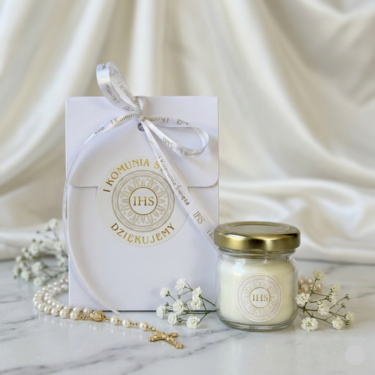 Podziękowania dla Gości – Mini Świeczka Sojowa Komunia złota