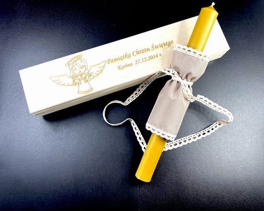 Personalizowane Drewniane Pudełko na Świecę do Chrztu z gromnica