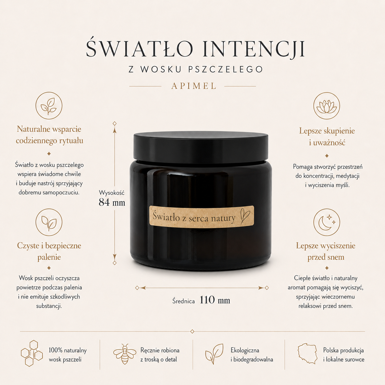 Świeca z wosku pszczelego w słoiku 84×110 mm | knot drewniany | naturalna