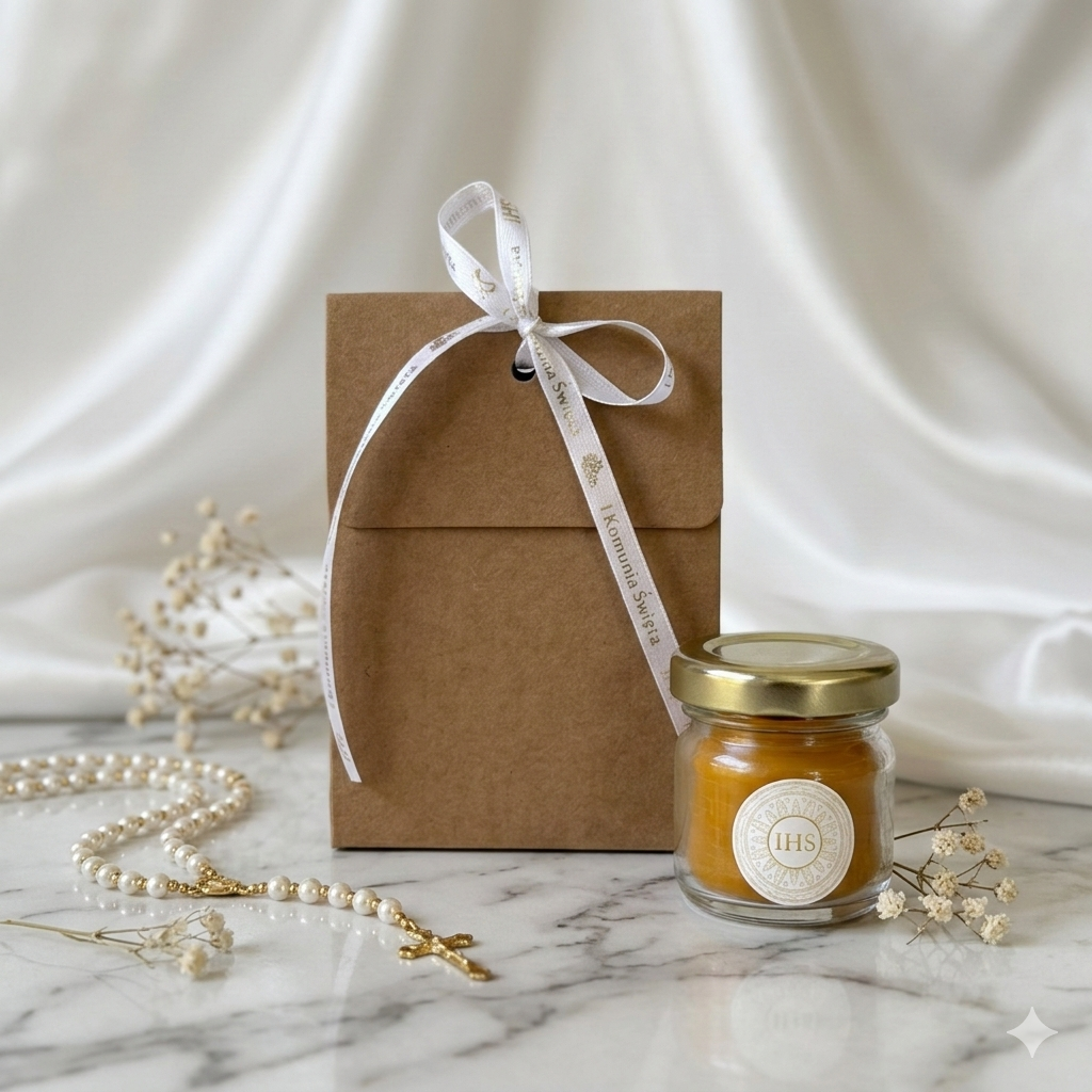 Podziękowania dla Gości – Mini Świeczka z wosku pszczelego Komunia złota