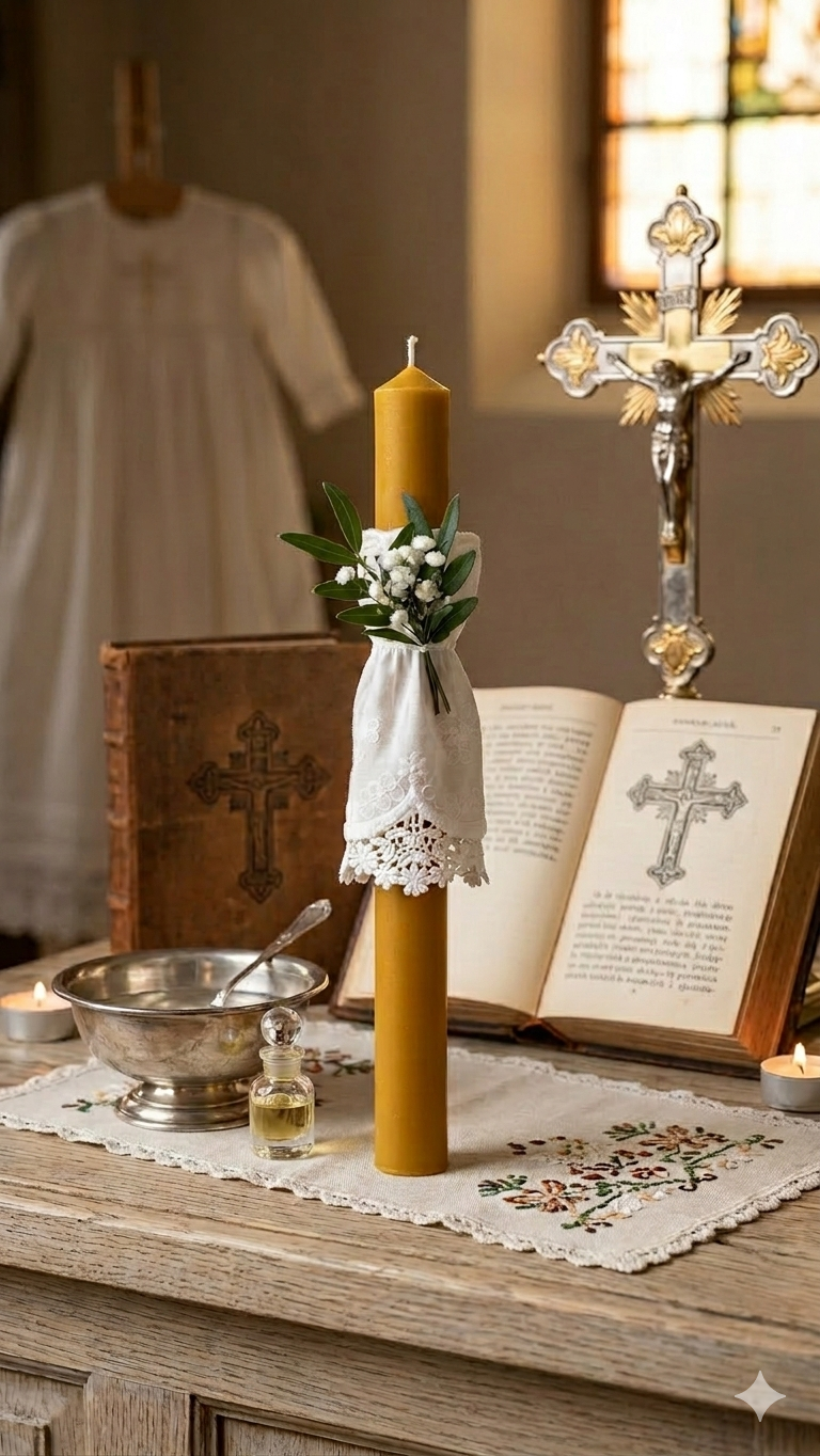 Gromnica na Chrzest z wosku pszczelego – ręcznie robiona świeca bawełniana materiał z koronką, kolor biały