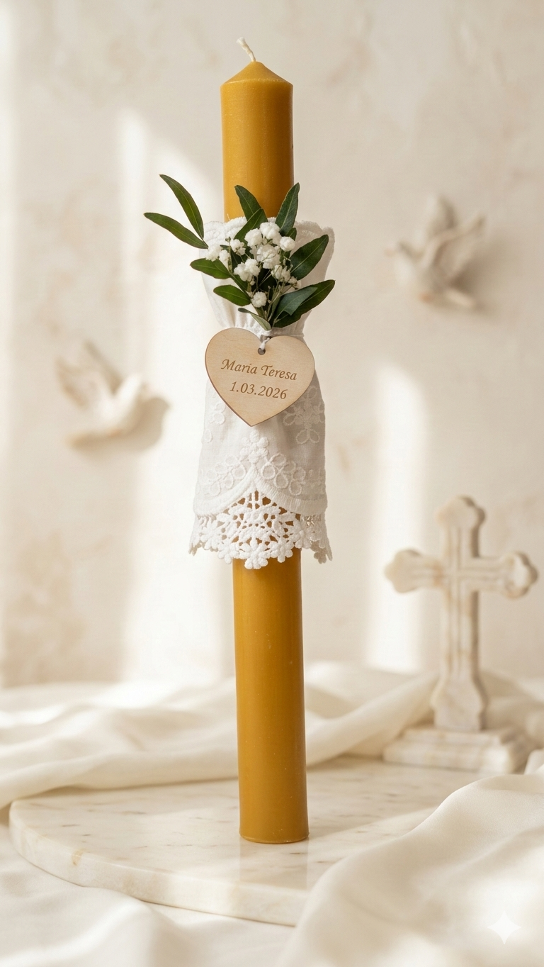 Gromnica na Chrzest z wosku pszczelego – ręcznie robiona świeca bawełniana materiał z koronką, kolor biały