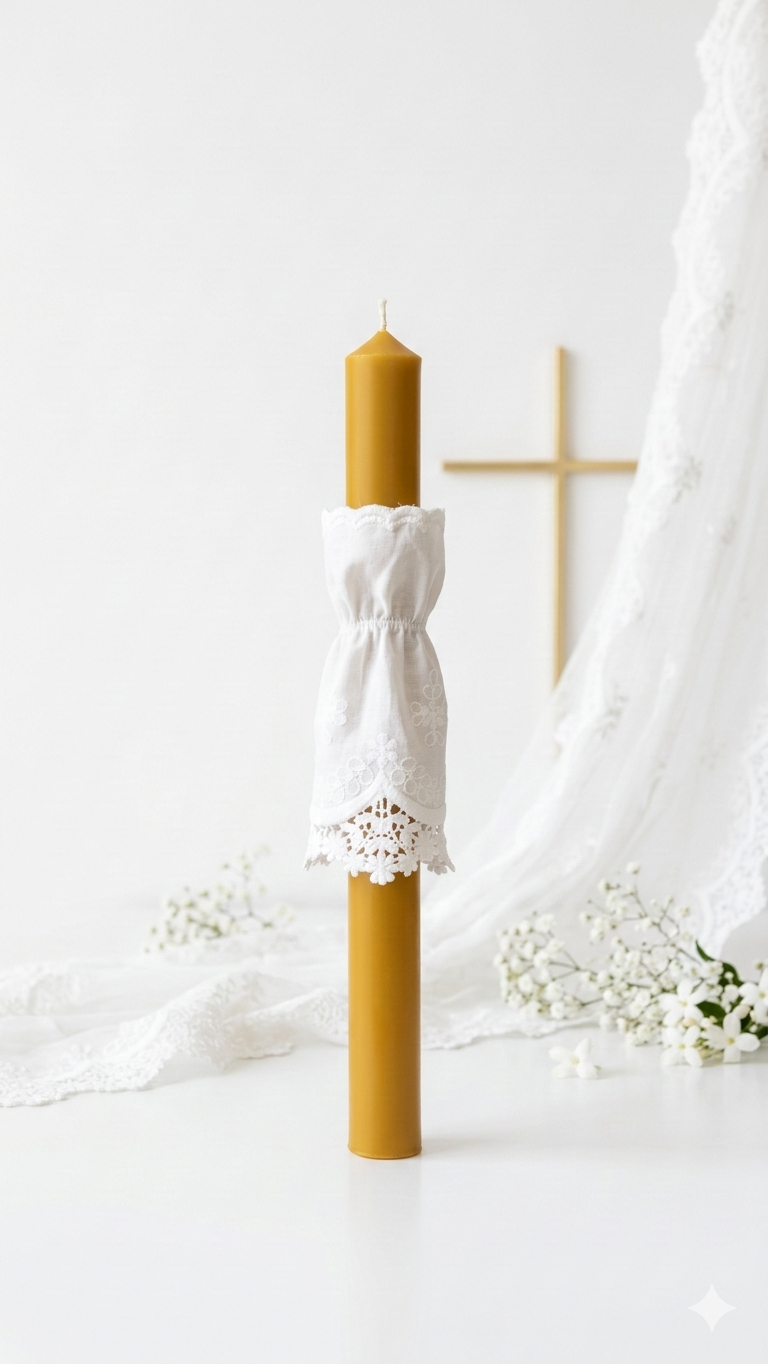 Gromnica na Chrzest z wosku pszczelego – ręcznie robiona świeca bawełniana materiał z koronką, kolor biały