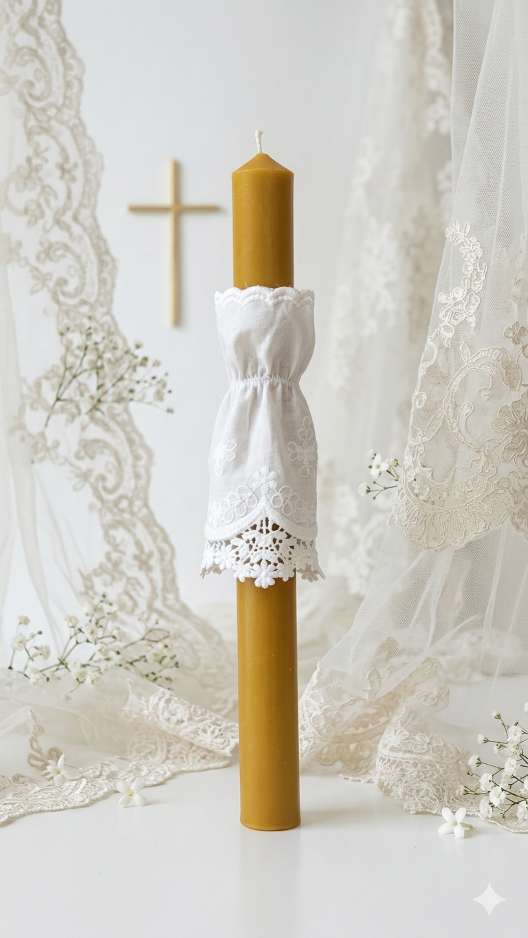 Gromnica na Chrzest z wosku pszczelego – ręcznie robiona świeca bawełniana materiał z koronką, kolor biały