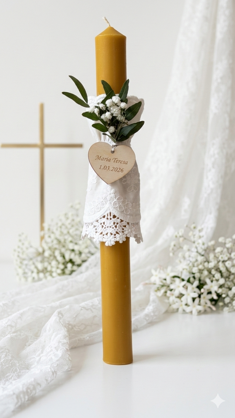 Gromnica na Chrzest z wosku pszczelego – ręcznie robiona świeca bawełniana materiał z koronką, kolor biały