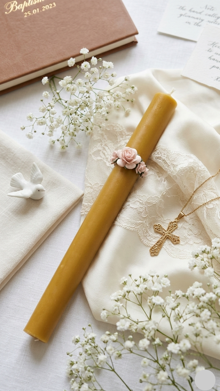 Gromnica na Chrzest z wosku pszczelego – opaska dekoracyjna z różyczkami