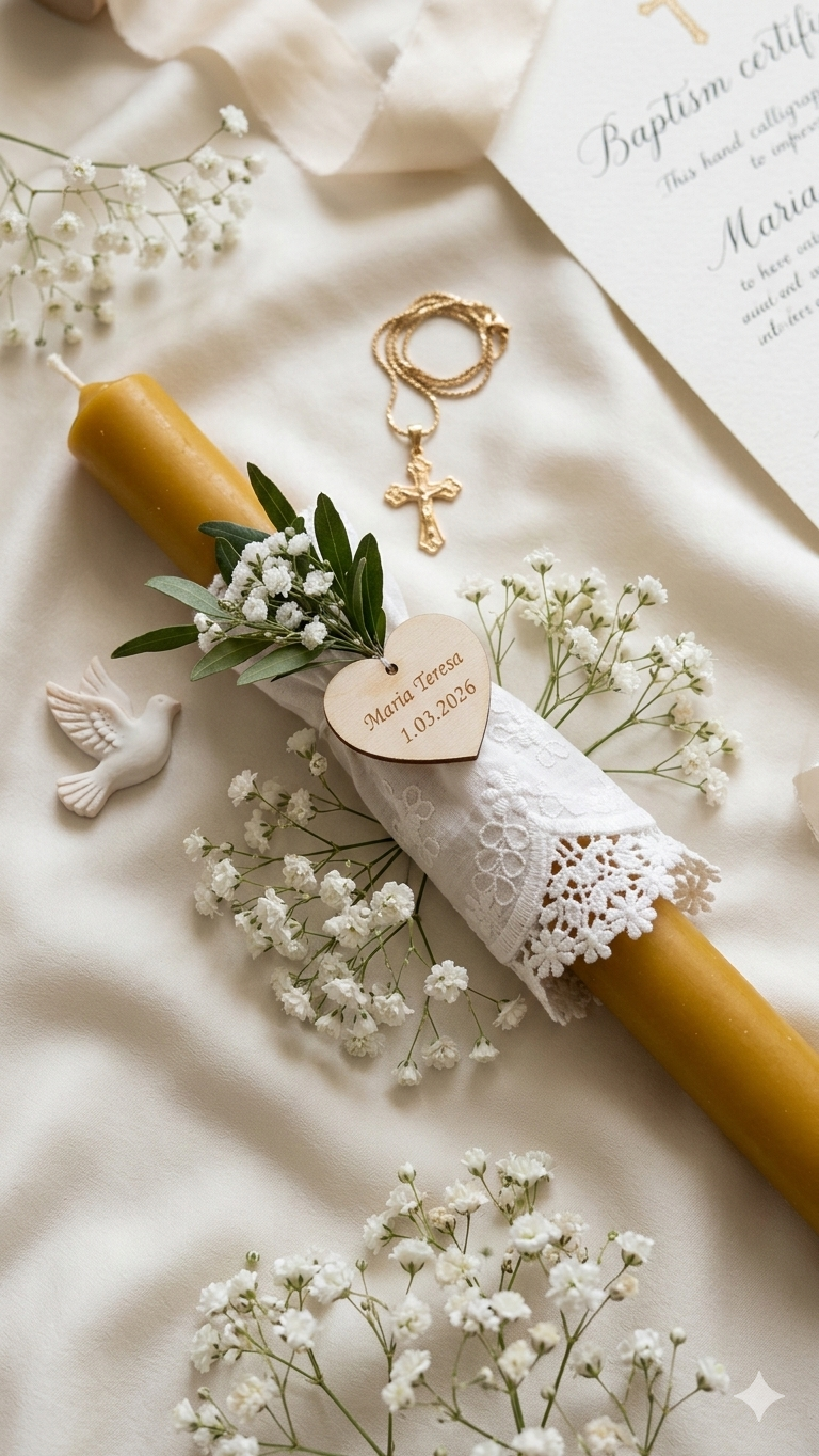 Gromnica na Chrzest z wosku pszczelego – ręcznie robiona świeca bawełniana materiał z koronką, kolor biały