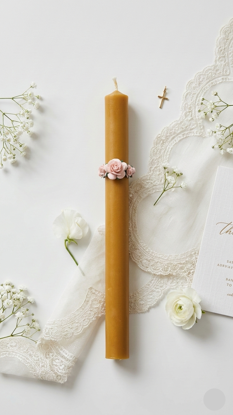 Gromnica na Chrzest z wosku pszczelego – opaska dekoracyjna z różyczkami