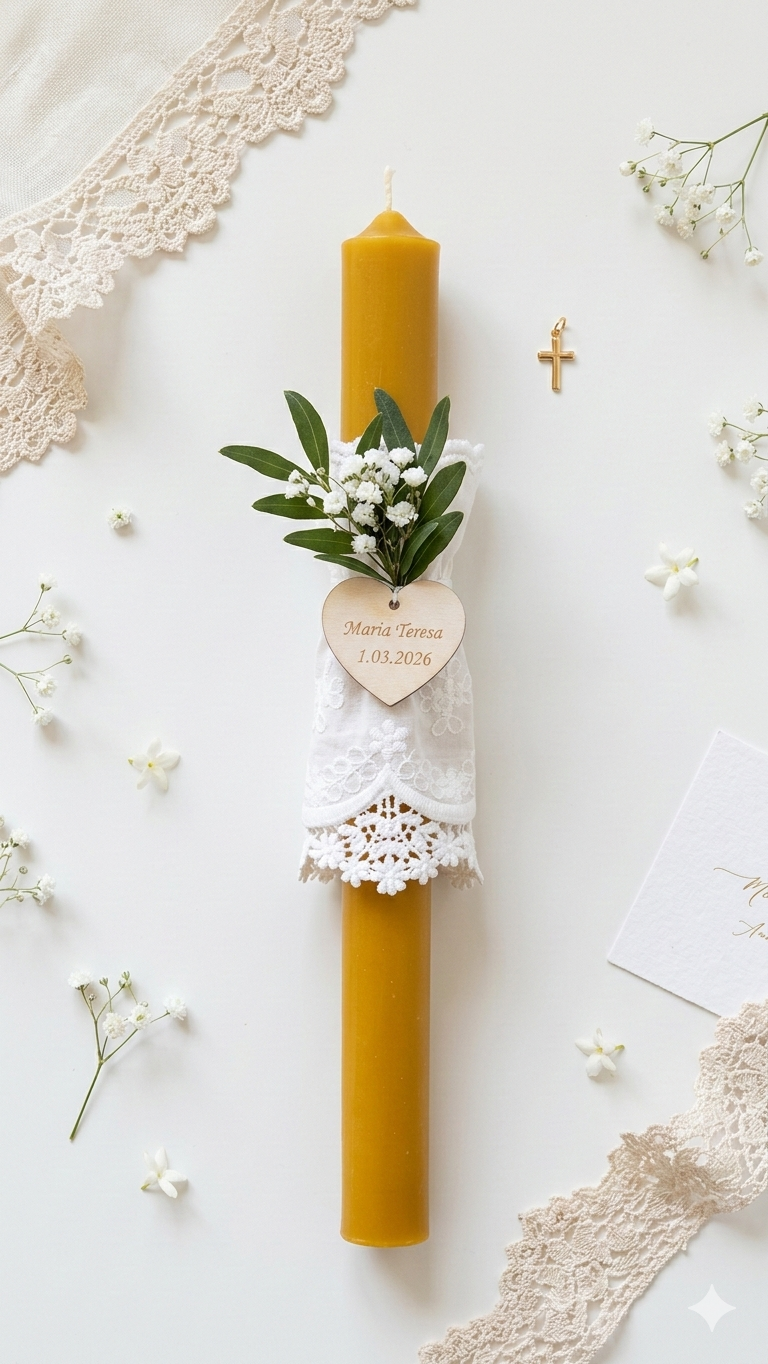 Gromnica na Chrzest z wosku pszczelego – ręcznie robiona świeca bawełniana materiał z koronką, kolor biały