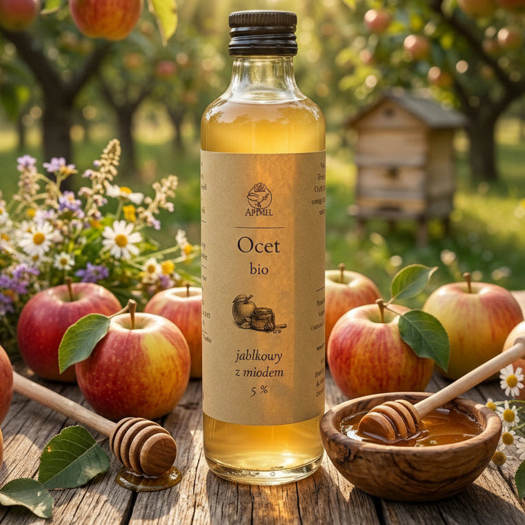 ocet jabłkowy z miodem bio 250 ml Apimel w sadzie jabłkowym z jabłkami i miodem