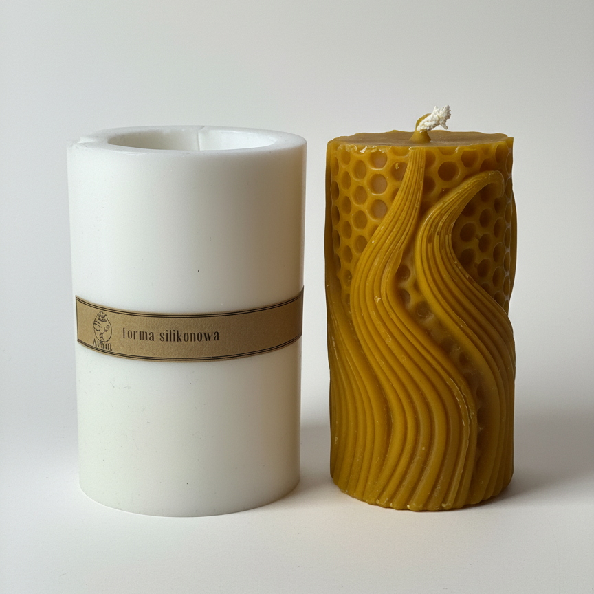 Forma silikonowa do świec walec oraz świeca z wosku pszczelego z efektem fali i strukturą plastra miodu