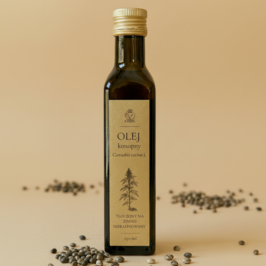 Olej konopny tłoczony na zimno nierafinowany 250 ml Apimel w szklanej butelce