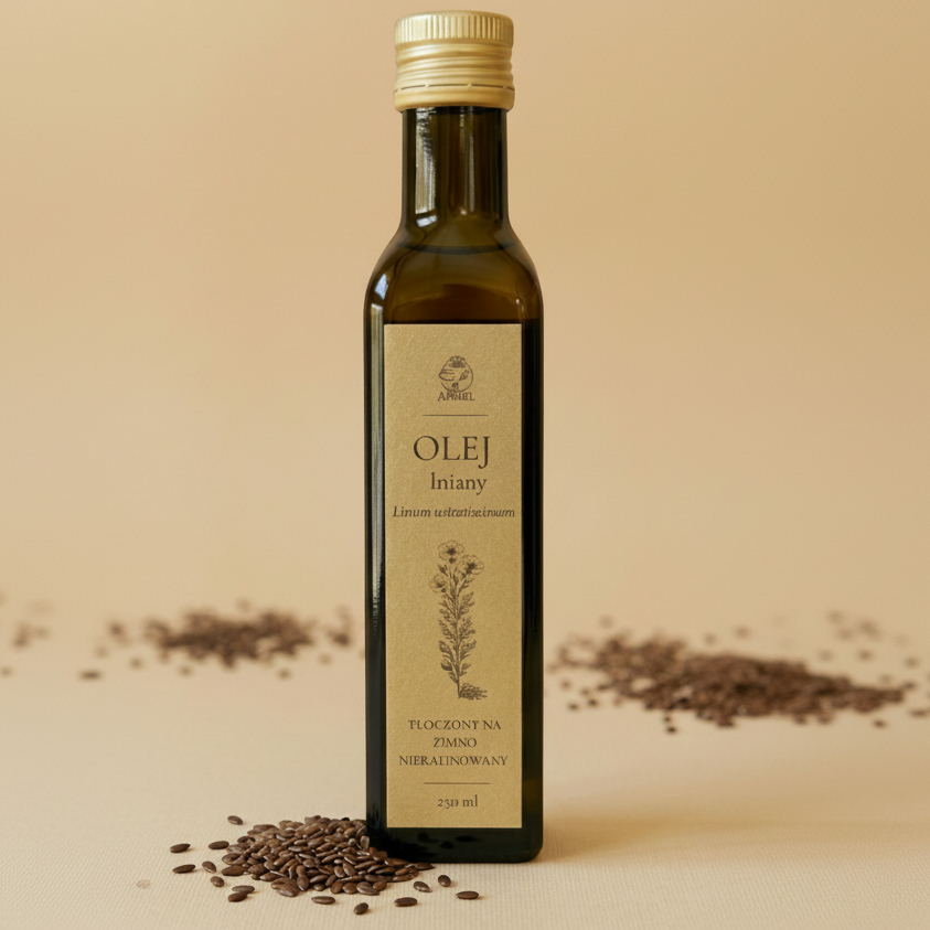 Olej lniany tłoczony na zimno nierafinowany 250 ml Apimel w szklanej butelce