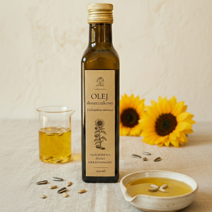 Olej słonecznikowy tłoczony na zimno nierafinowany 250 ml Apimel z ziarnami i kwiatami słonecznika
