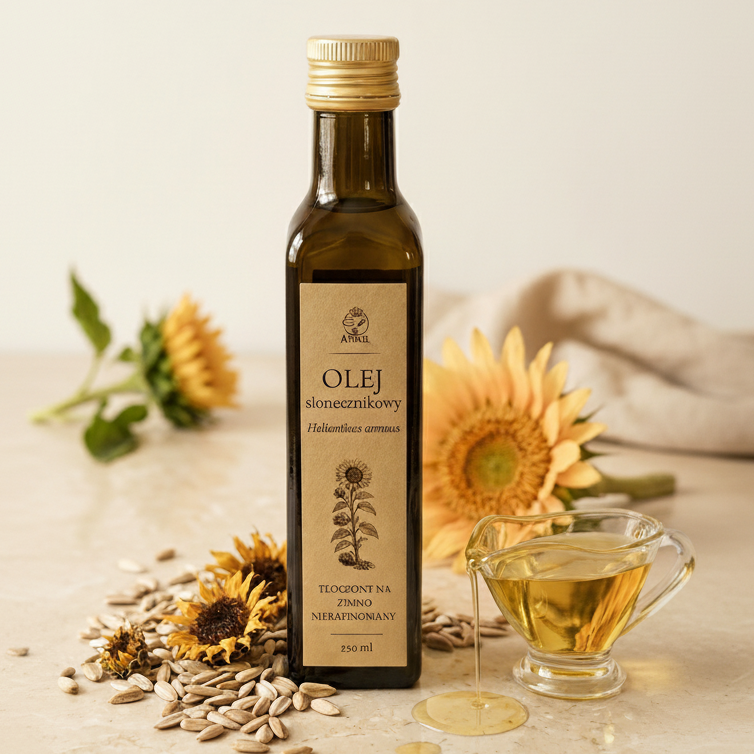 Olej słonecznikowy tłoczony na zimno nierafinowany Apimel 250 ml z nasionami i kwiatami słonecznika