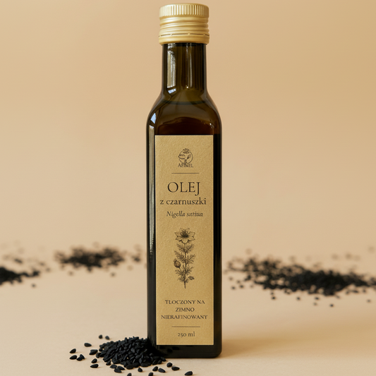 Olej z czarnuszki tłoczony na zimno nierafinowany 250 ml Apimel w szklanej butelce