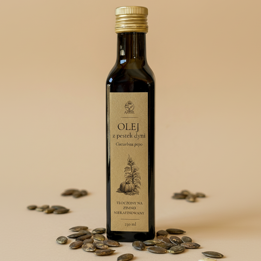 Olej z pestek dyni tłoczony na zimno nierafinowany 250 ml Apimel w szklanej butelce