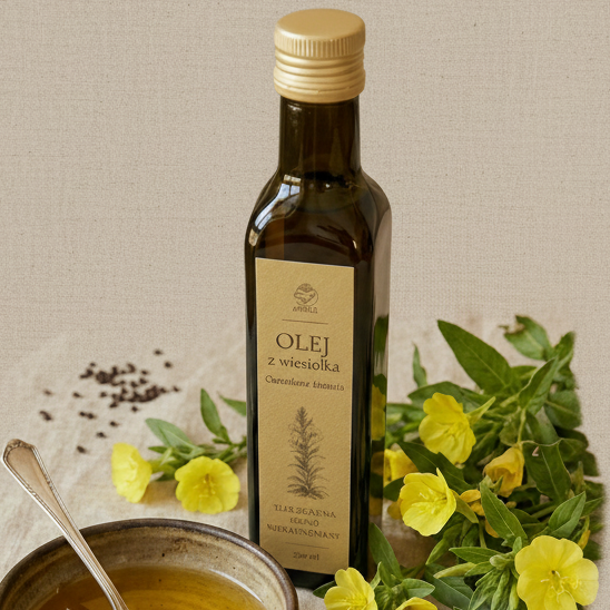 Olej z wiesiołka tłoczony na zimno nierafinowany 250 ml Apimel z kwiatami wiesiołka