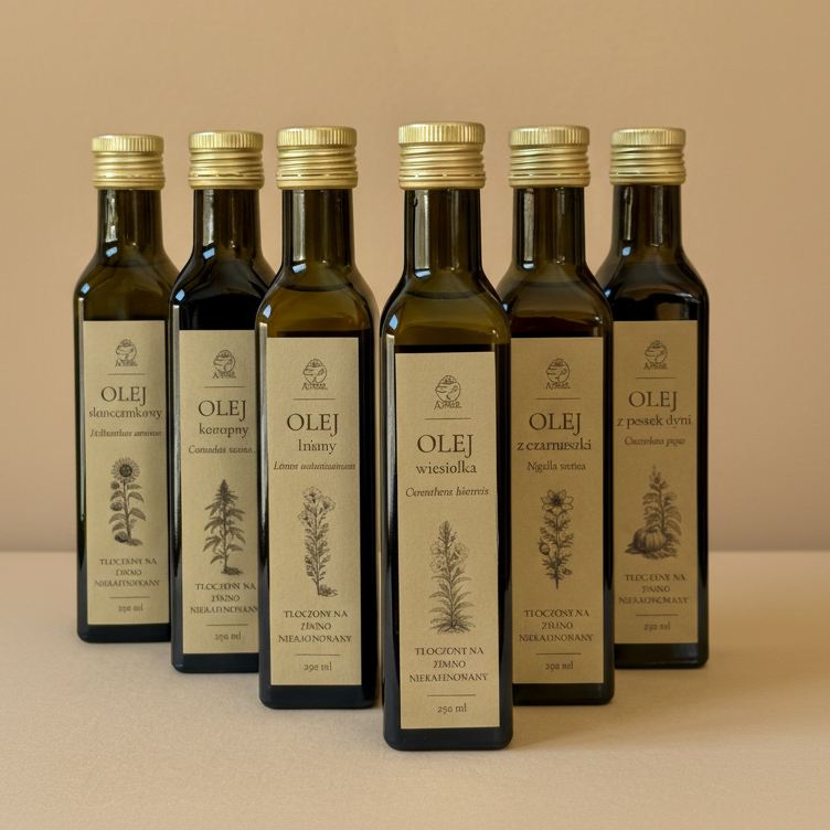 Naturalne oleje tłoczone na zimno Apimel – lniany, konopny, słonecznikowy, z wiesiołka, z czarnuszki i z pestek dyni