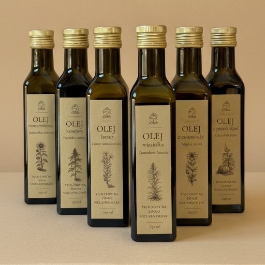 Naturalne oleje tłoczone na zimno Apimel – lniany, słonecznikowy, konopny, z czarnuszki i z pestek dyni