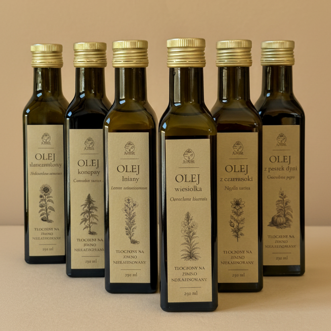 Naturalne oleje tłoczone na zimno Apimel – lniany, konopny, słonecznikowy, z czarnuszki, z wiesiołka i z pestek dyni