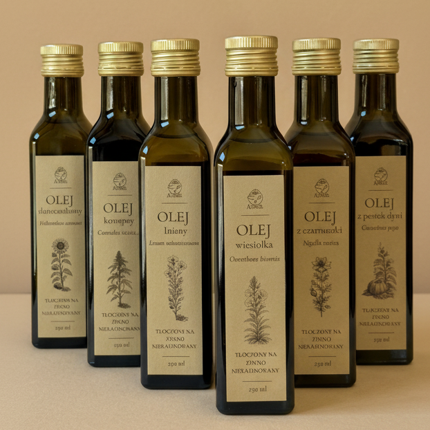 Naturalne oleje tłoczone na zimno Apimel – lniany, konopny, słonecznikowy, z wiesiołka, z czarnuszki i z pestek dyni