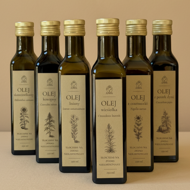 Oleje tłoczone na zimno Apimel – lniany, konopny, słonecznikowy, z wiesiołka, z czarnuszki i z pestek dyni