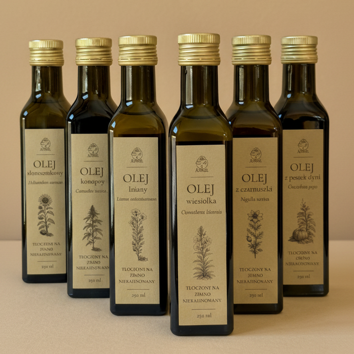 Naturalne oleje tłoczone na zimno Apimel – lniany, konopny, słonecznikowy, z wiesiołka, z czarnuszki i z pestek dyni