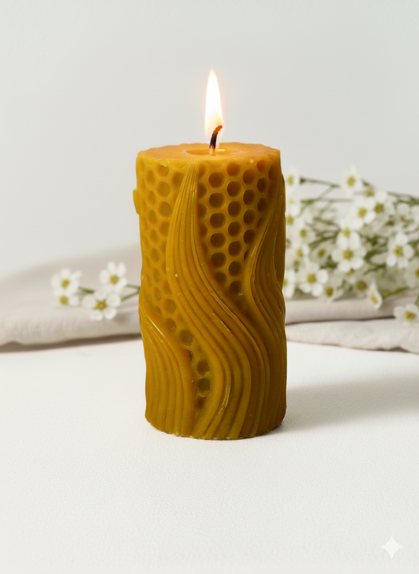 Paląca się świeca z wosku pszczelego walec z motywem plastra miodu i falą dekoracyjną