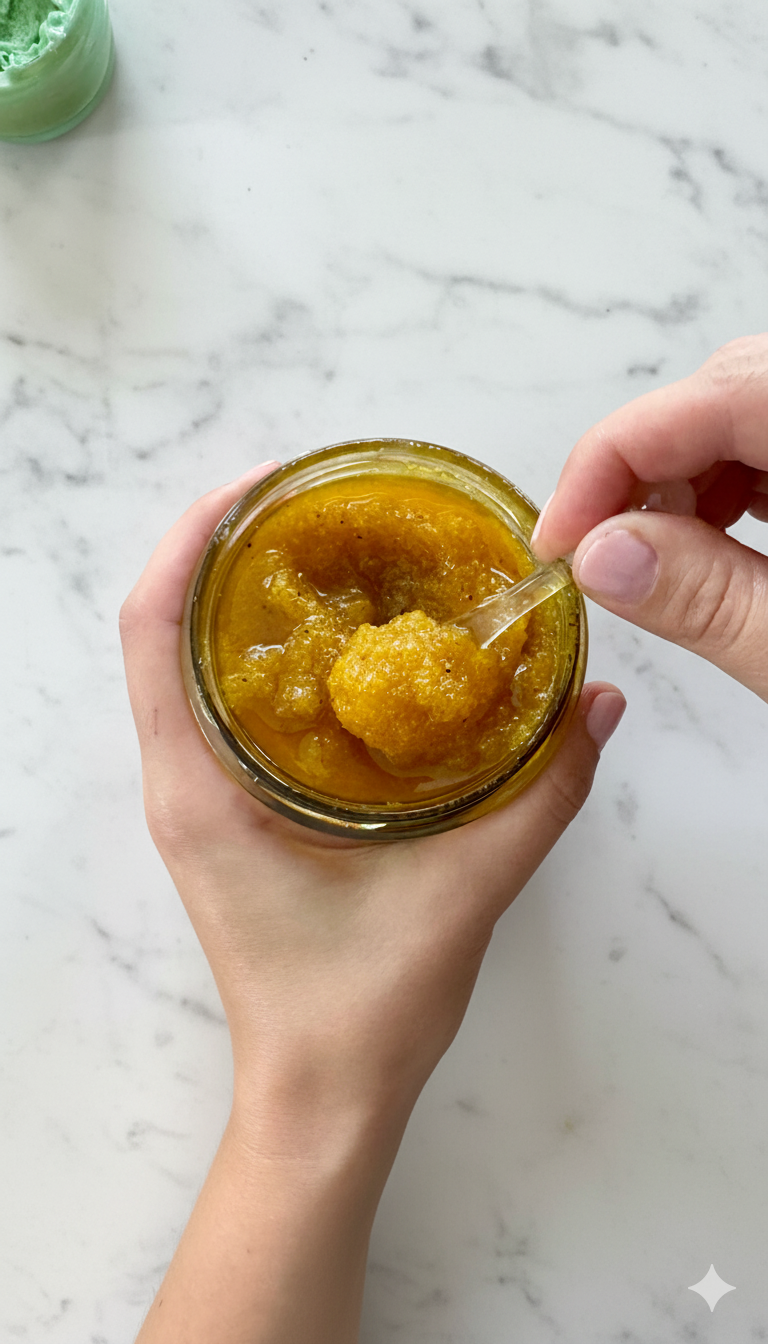 Nabieranie peelingu do ciała propolisowego Apimel z woskiem pszczelim gęsta ziarnista konsystencja w słoiku