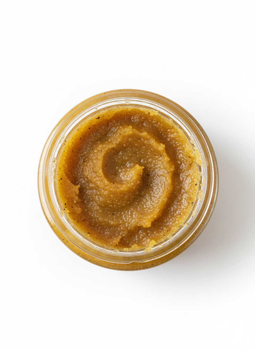 Peeling do ciała propolisowy Apimel z woskiem pszczelim z bliska ziarnista struktura produktu