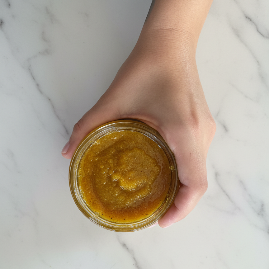 Peeling do ciała propolisowy z woskiem pszczelim widok z góry ziarnista konsystencja naturalny peeling cukrowy