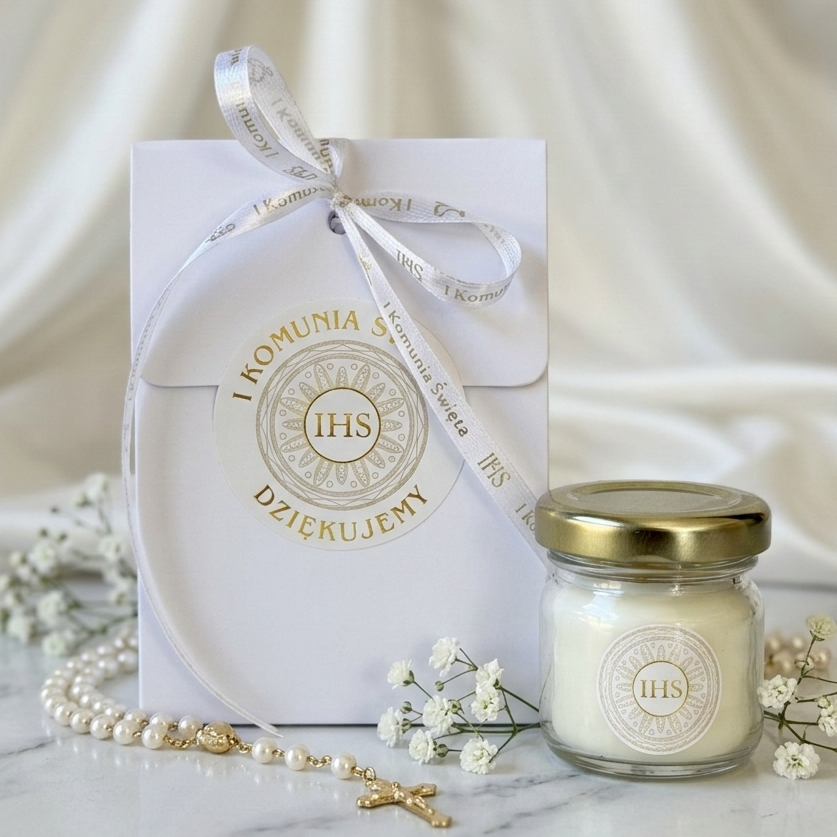 podziękowanie dla gości komunijnych świeczka w słoiczku IHS w eleganckim pudełku prezent komunijny