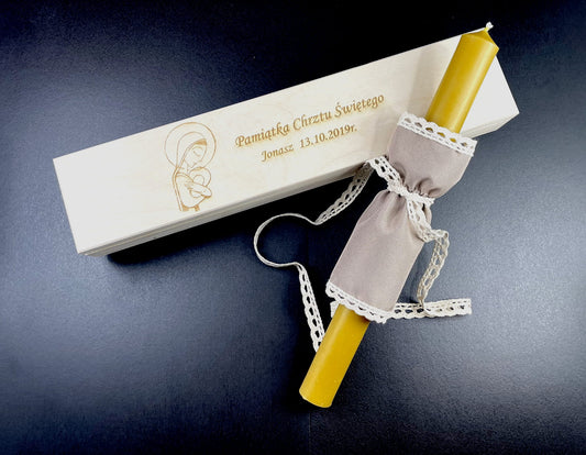 Personalizowane Drewniane Pudełko na Świecę do Chrztu  z gromnica
