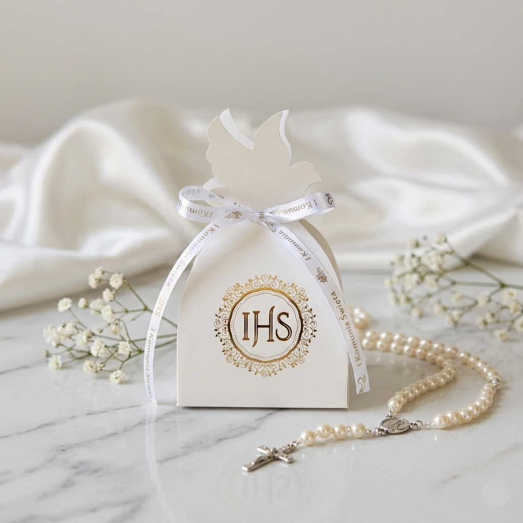pudełko komunijne ihs podziękowanie dla gości komunia święta elegancki upominek