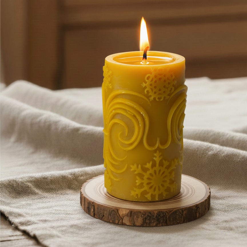 Świeca z wosku pszczelego z motywem śnieżynek, paląca się na drewnianej podstawce