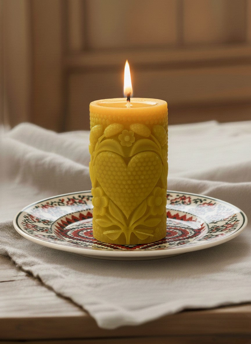 Świeca z wosku pszczelego walec z motywem serca i kwiatów, zapalona świeca dekoracyjna