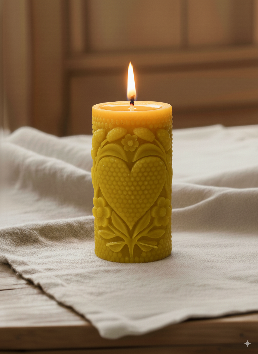 Świeca z wosku pszczelego walec z motywem serca i kwiatów, zapalona świeca dekoracyjna