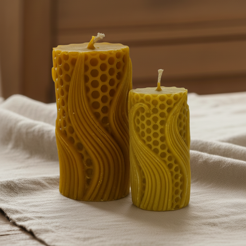 Dwie świece z wosku pszczelego walec z motywem plastra miodu i falą dekoracyjną, mała i duża