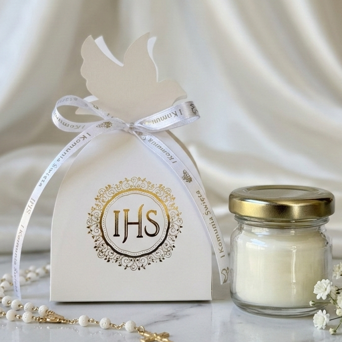 świeczka komunijna ihs w słoiczku z pudełkiem podziękowanie dla gości komunia święta elegancki zestaw