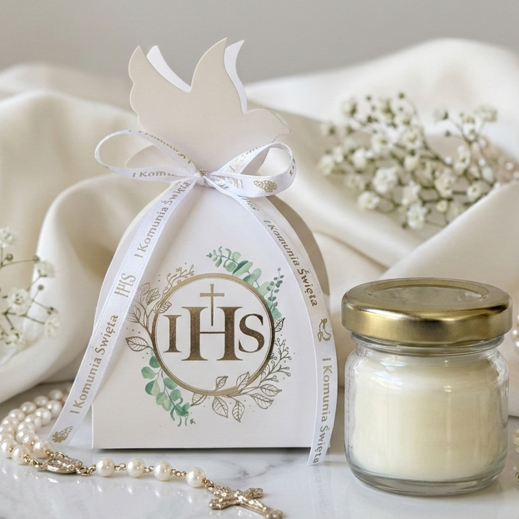 świeczka komunijna ihs w słoiczku z pudełkiem zielony wianek prezent dla gości komunia święta