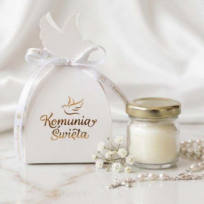 świeczka komunijna w słoiczku z pudełkiem komunia święta prezent dla gości elegancki upominek
