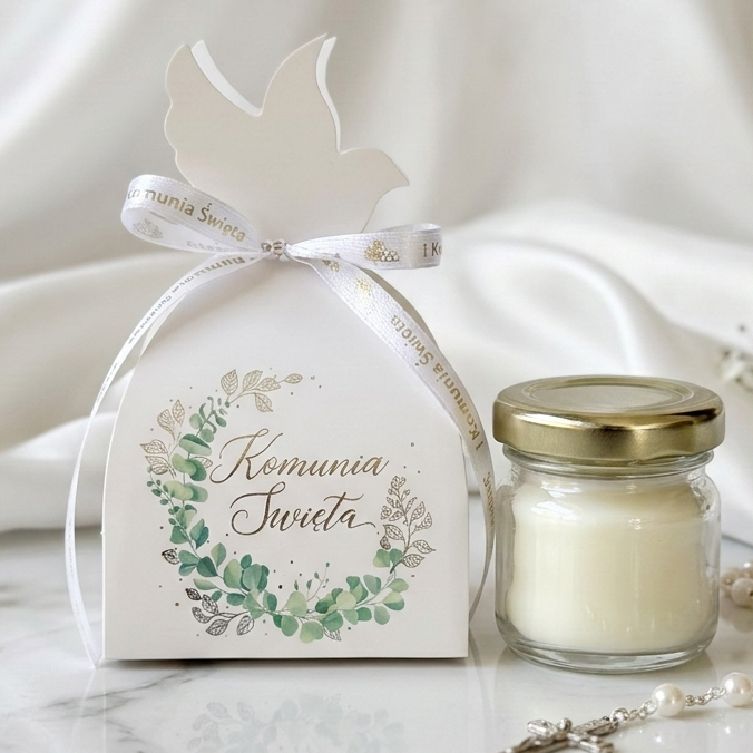 świeczka komunijna w słoiczku z pudełkiem komunia święta zielony wianek prezent dla gości