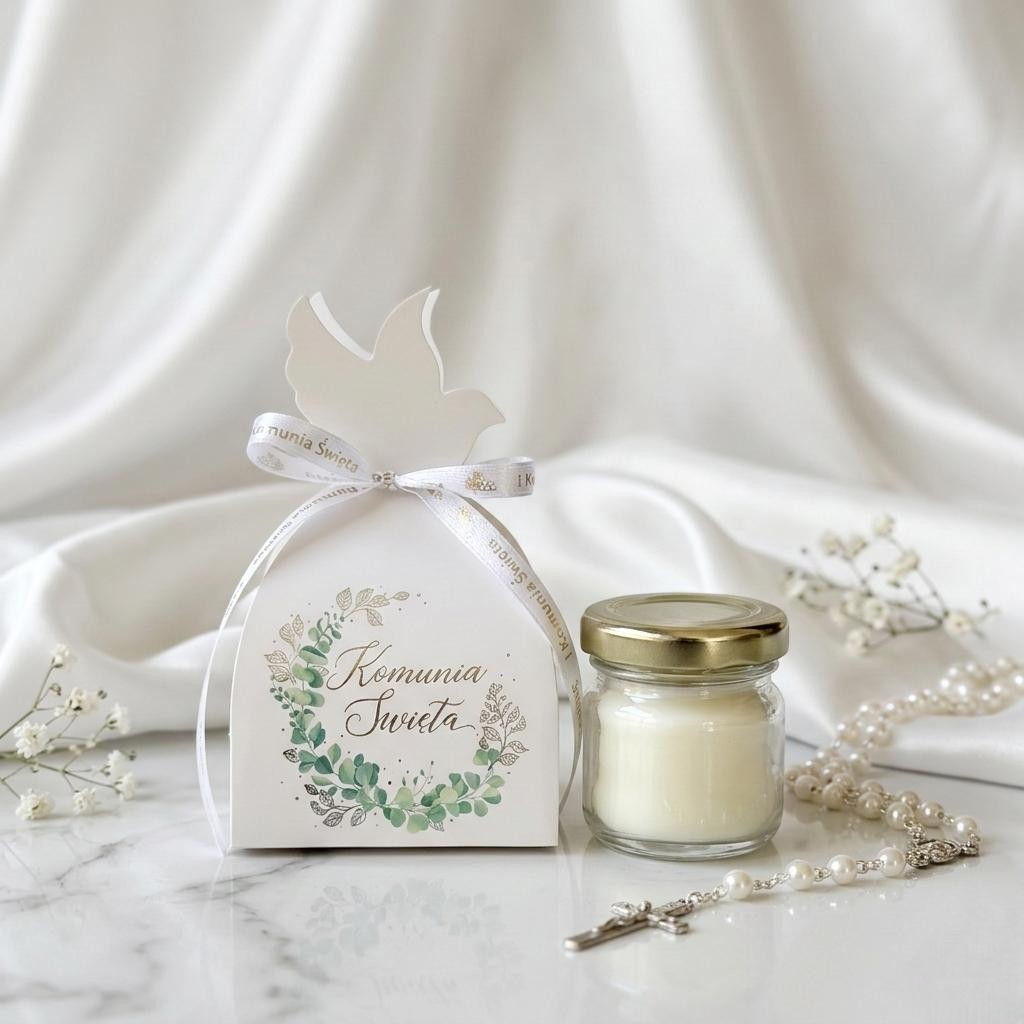 świeczka komunijna w słoiczku z pudełkiem komunia święta zielony wianek prezent dla gości elegancki zestaw