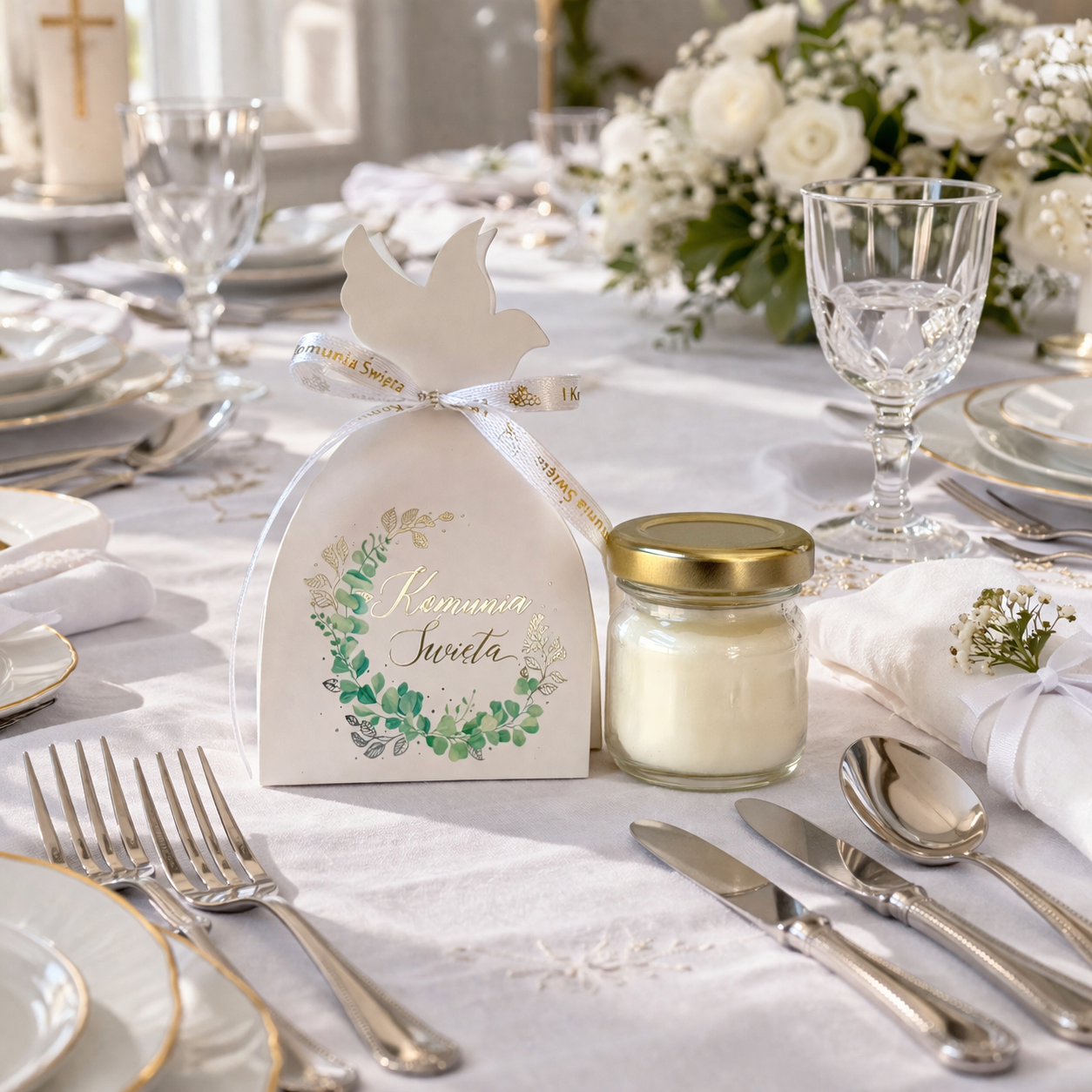 upominek komunijny dla gości świeczka w słoiczku z pudełkiem komunia święta na eleganckim stole