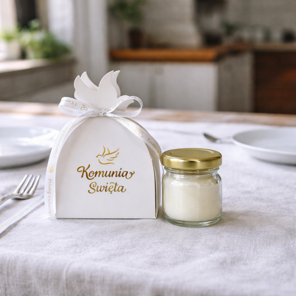 upominek komunijny dla gości świeczka w słoiczku z pudełkiem komunia święta na stole przy nakryciu