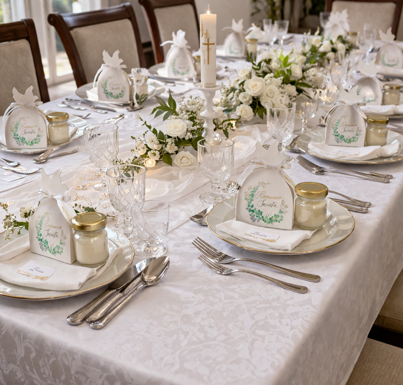 upominki komunijne dla gości świeczki w słoiczkach na stole komunijnym dekoracja stołu komunia święta