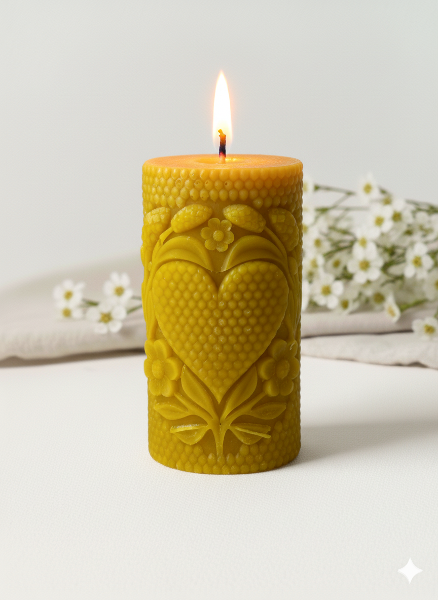 Zapalona świeca z naturalnego wosku pszczelego z motywem serca i kwiatów, dekoracyjna świeca walec