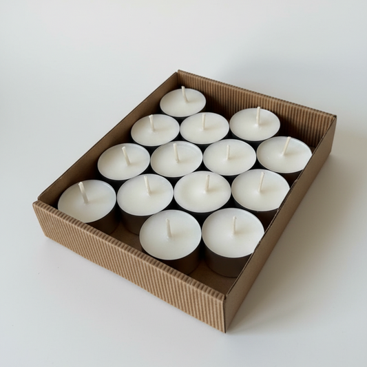 Zestaw dużych tealightów sojowych w kartonowym pudełku – świece podgrzewacze